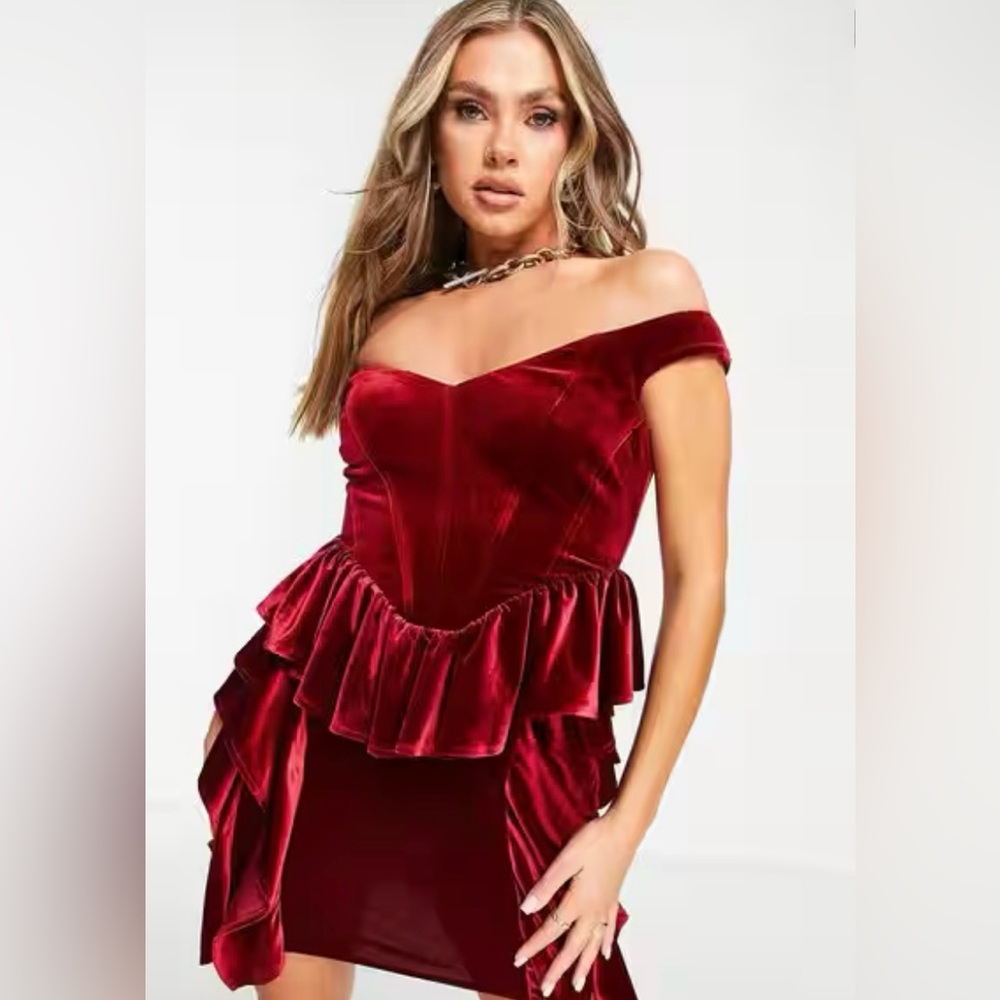 ASOS Red Velvet V Neck Peplum Ruffle Mini Dress (Size 4) - Picture 7 of 11